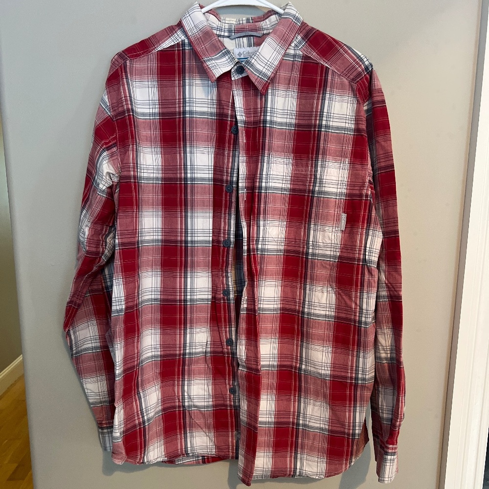 Men’s Columbia Long Sleeve Button Down Shirt Size Large Red/Blue/White EUC